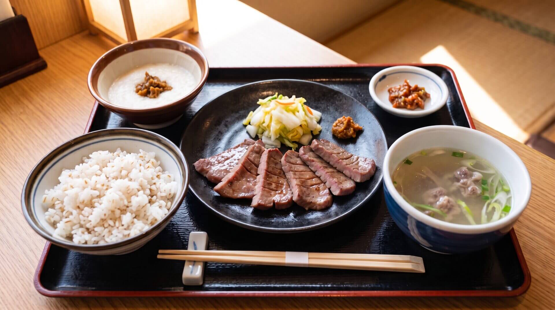 麦飯、テールスープ、とろろ、漬物がセットになった、バランスの良い牛タン定食。