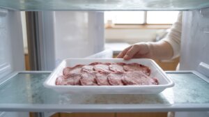 冷蔵庫の中でじっくり低温解凍される、トレイに並んだ薄切り冷凍牛タン。