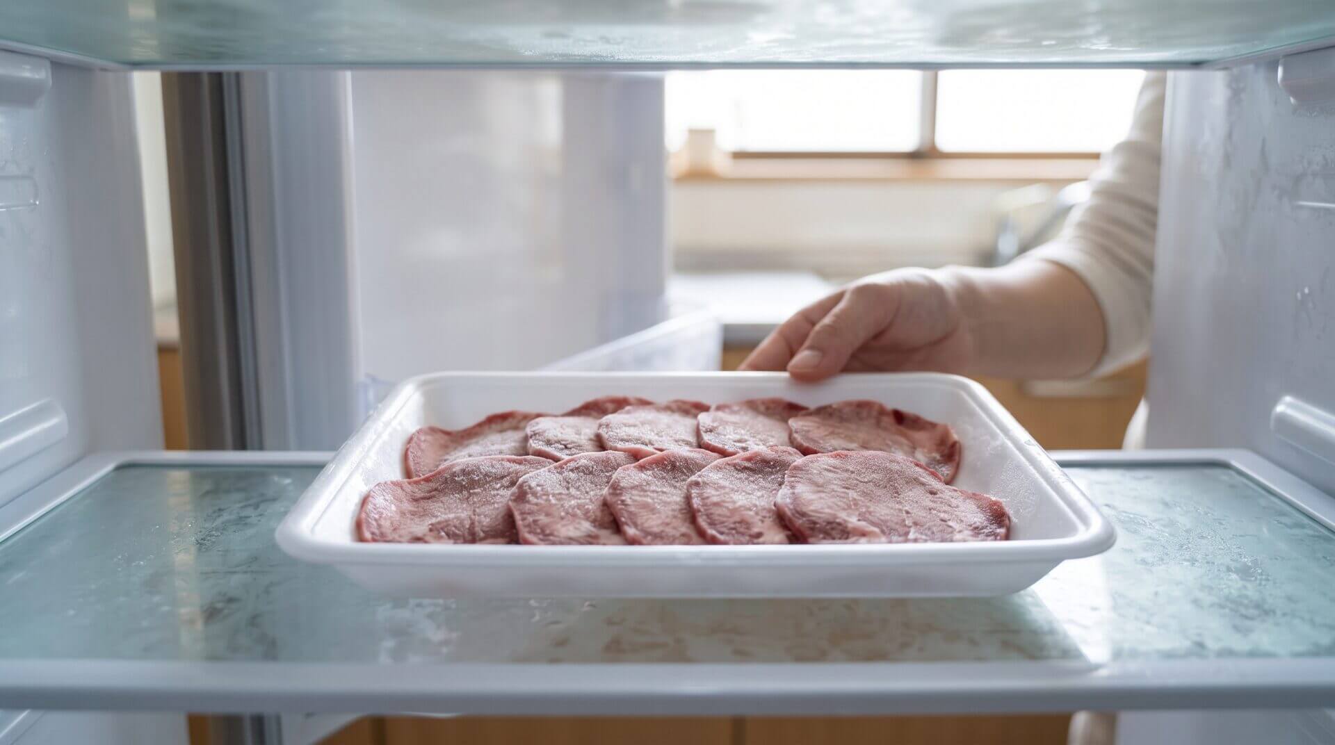 冷蔵庫の中でじっくり低温解凍される、トレイに並んだ薄切り冷凍牛タン。