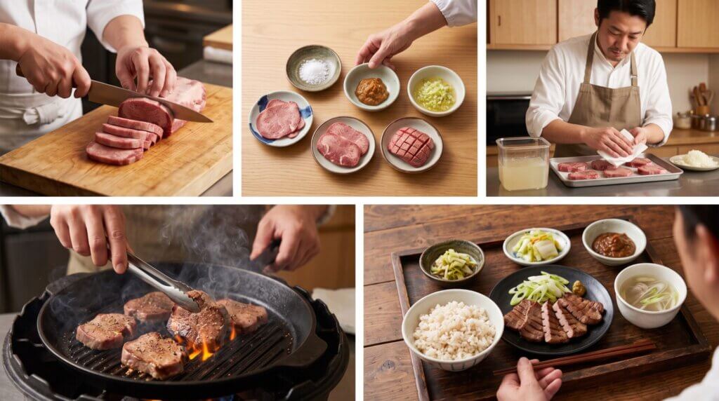 牛タンの調理工程のコラージュ。1. 牛タンブロックのスライス、2. 生肉と調味料（塩、味噌、ネギ塩）の用意、3. 泡立て器を使った味付け、4. グリルパンでの炭火焼き、5. 麦飯やスープがセットになった仙台牛タン定食の完成。