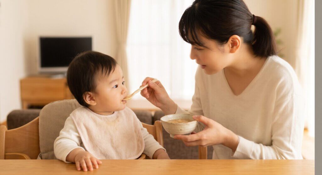 日本人の赤ちゃんに離乳食用に柔らかく煮込んだ牛タンをスプーンで与える母親。