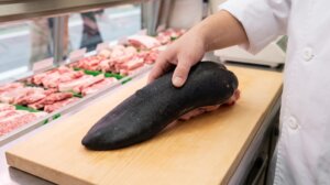日本の精肉店で、白い作業着を着た日本人の職人が、黒毛和牛の特徴である黒い外皮に覆われた生の牛タン原木（黒タン）を手に持ち、木製のまな板の上で確認している様子。自然光で rough な黒い外皮の質感が強調されている。