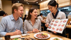焼肉店で外国人客に英語メニューを見せながら牛タンの部位や食べ方を説明する日本人女性スタッフ。