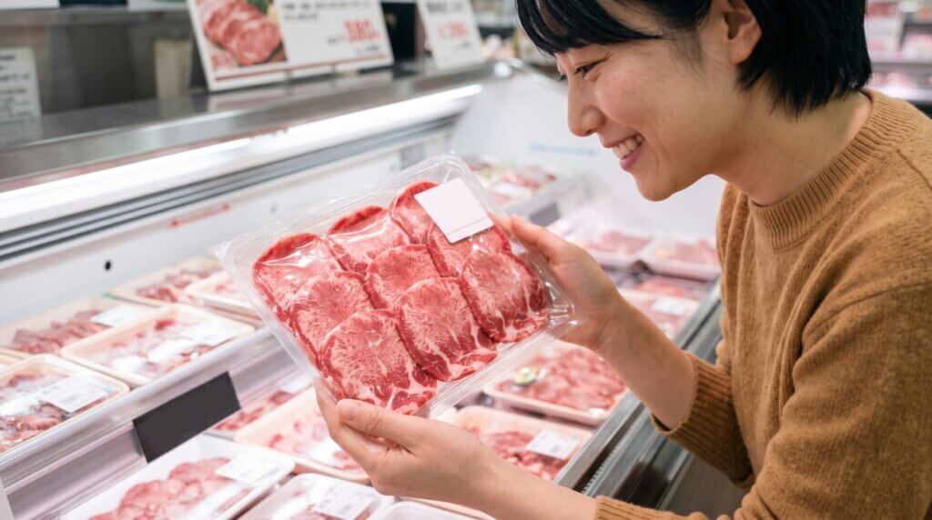 スーパーの精肉売り場で、並べられたパック入りの肉を真剣に品定めする日本人の女性。清潔感のある店内の様子。