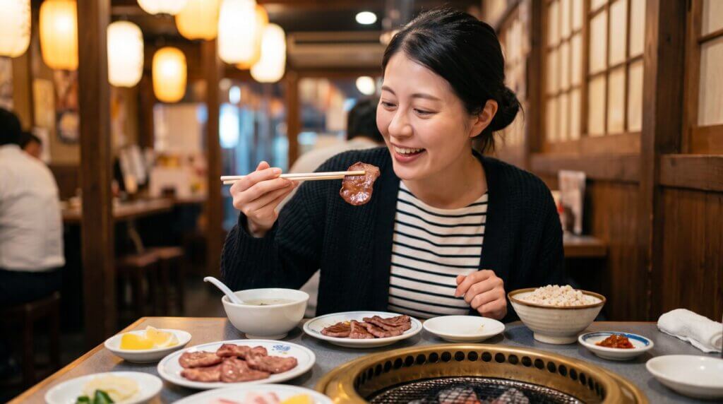 提灯が飾られた賑やかな日本の焼肉店で、日本人の女性が笑顔で牛タンを食べている。テーブルには七輪や麦飯、スープが並ぶ。