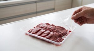 開封直後の牛タンパックスライス肉、表面にドリップがにじみ酸化が始まっている様子
