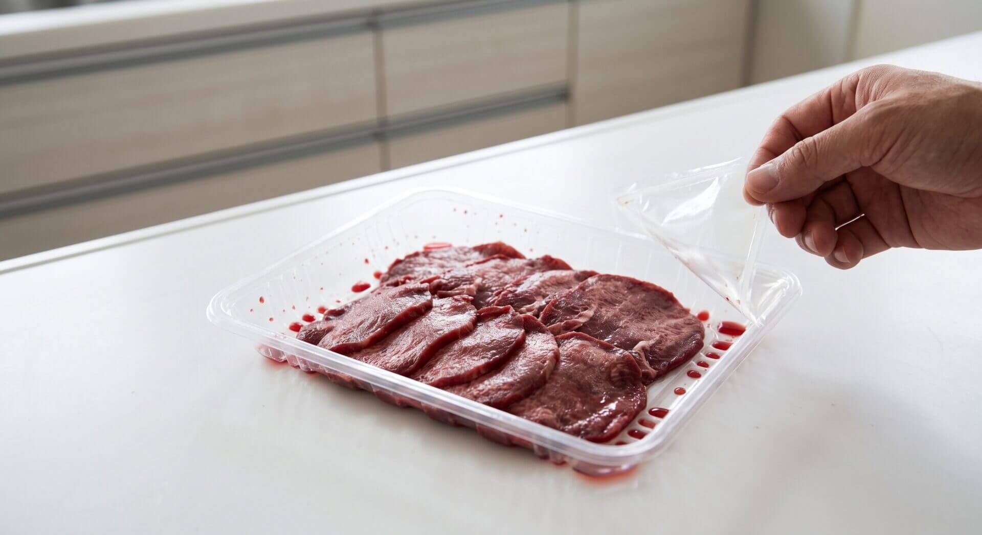 開封直後の牛タンパックスライス肉、表面にドリップがにじみ酸化が始まっている様子