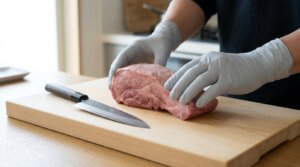 木のまな板の上に置かれた下処理前の丸ごとのムキタン（皮剥き牛タンブロック）と、その横に置かれた鋭い和包丁。自然光の入るキッチンで、手袋を着用したアジア人の手が肉の状態を確認している。牛タンブロックの解体とトリミングの準備段階を捉えた写真。