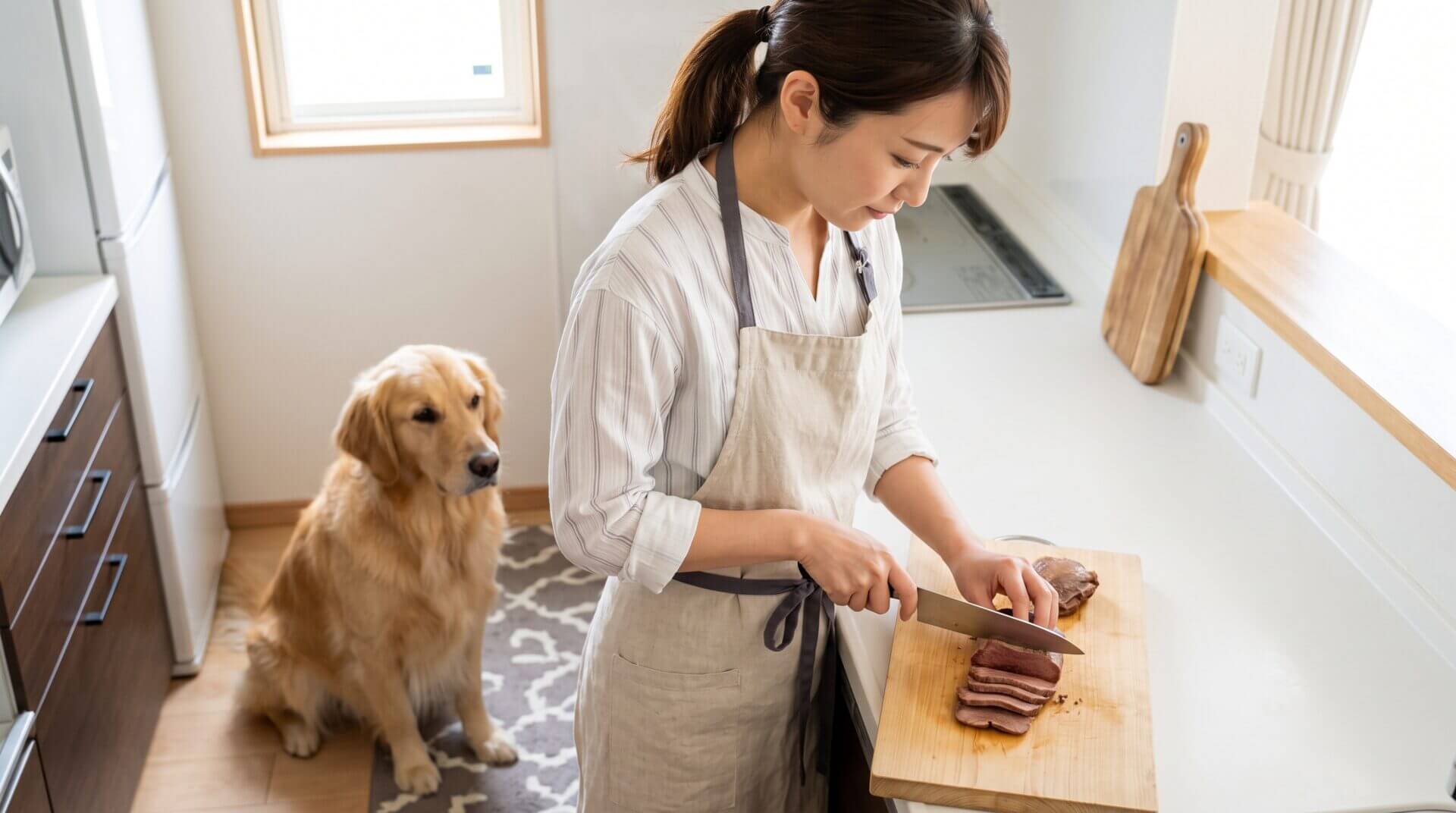 清潔なキッチンで、エプロン姿の日本人女性が加熱調理済みの牛タンを丁寧にスライスしており、隣で健康そうなゴールデンレトリバーが静かに待っている。