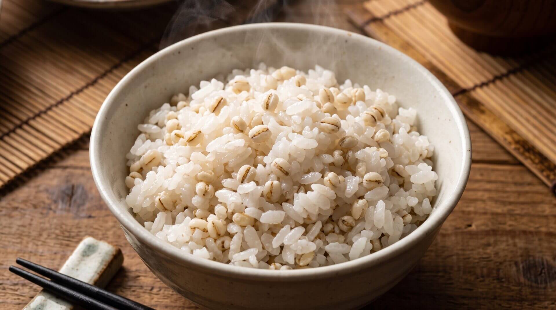 牛タン焼きの最高の相棒である、炊きたての「麦飯」の魅力を視覚的に伝える画像です。