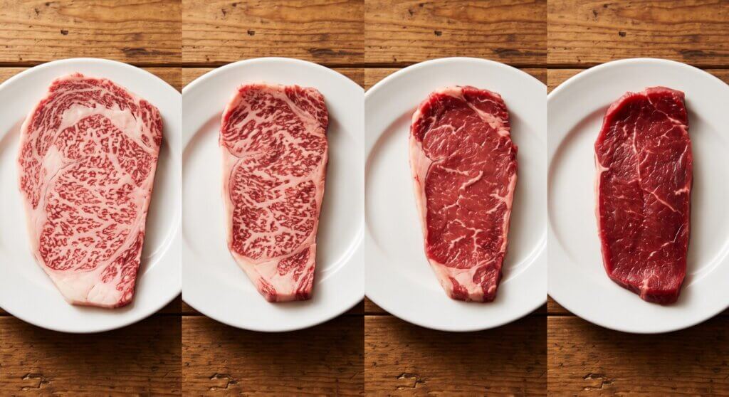 和牛・国産牛・輸入牛のサシの入り方や赤身の違いを比較した4枚の牛肉スライス
