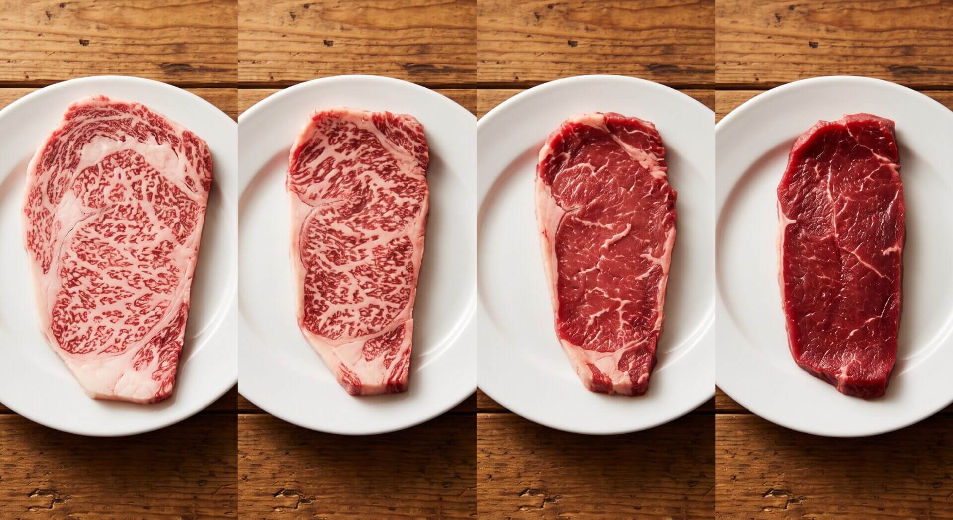 和牛・国産牛・輸入牛のサシの入り方や赤身の違いを比較した4枚の牛肉スライス