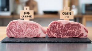 黒毛和種のきめ細やかな霜降りと、交雑種（F1）のやや粗い霜降りの肉質を比較した生肉の写真。