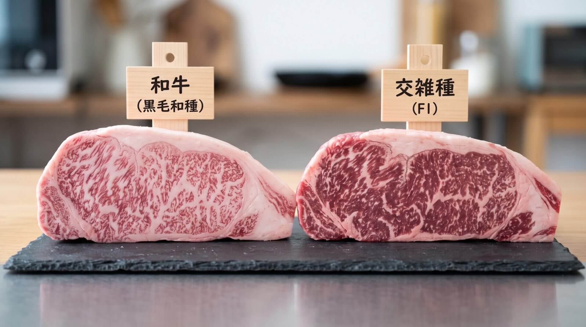 黒毛和種のきめ細やかな霜降りと、交雑種（F1）のやや粗い霜降りの肉質を比較した生肉の写真。
