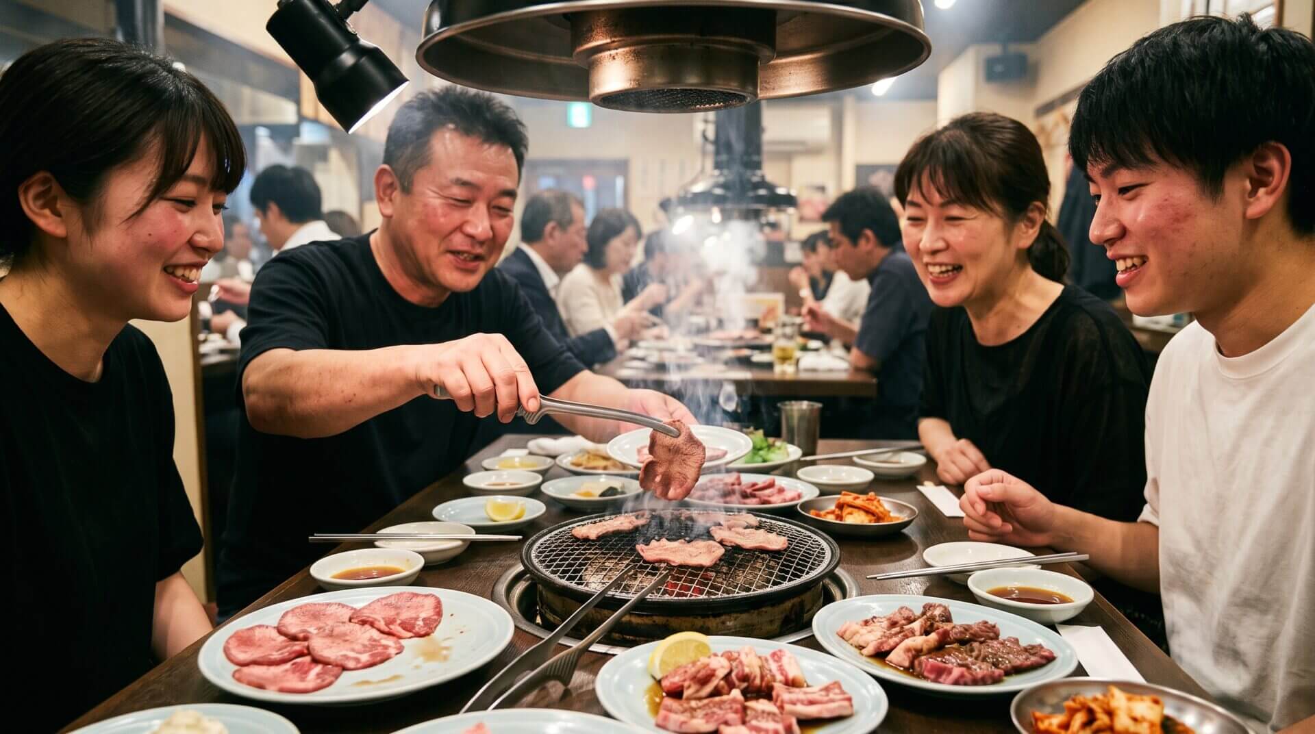 活気ある日本の焼肉店で、友人や家族と牛タンを炭火で焼く様子。手前には500gの牛タンが並ぶお皿、奥には笑顔の日本人が見える。
