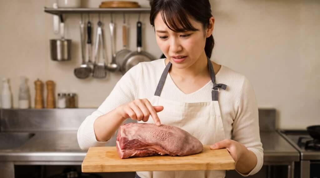 キッチンで、少し不安げに牛タンのブロック肉のザラザラした表面を指さして観察する、日本人女性。