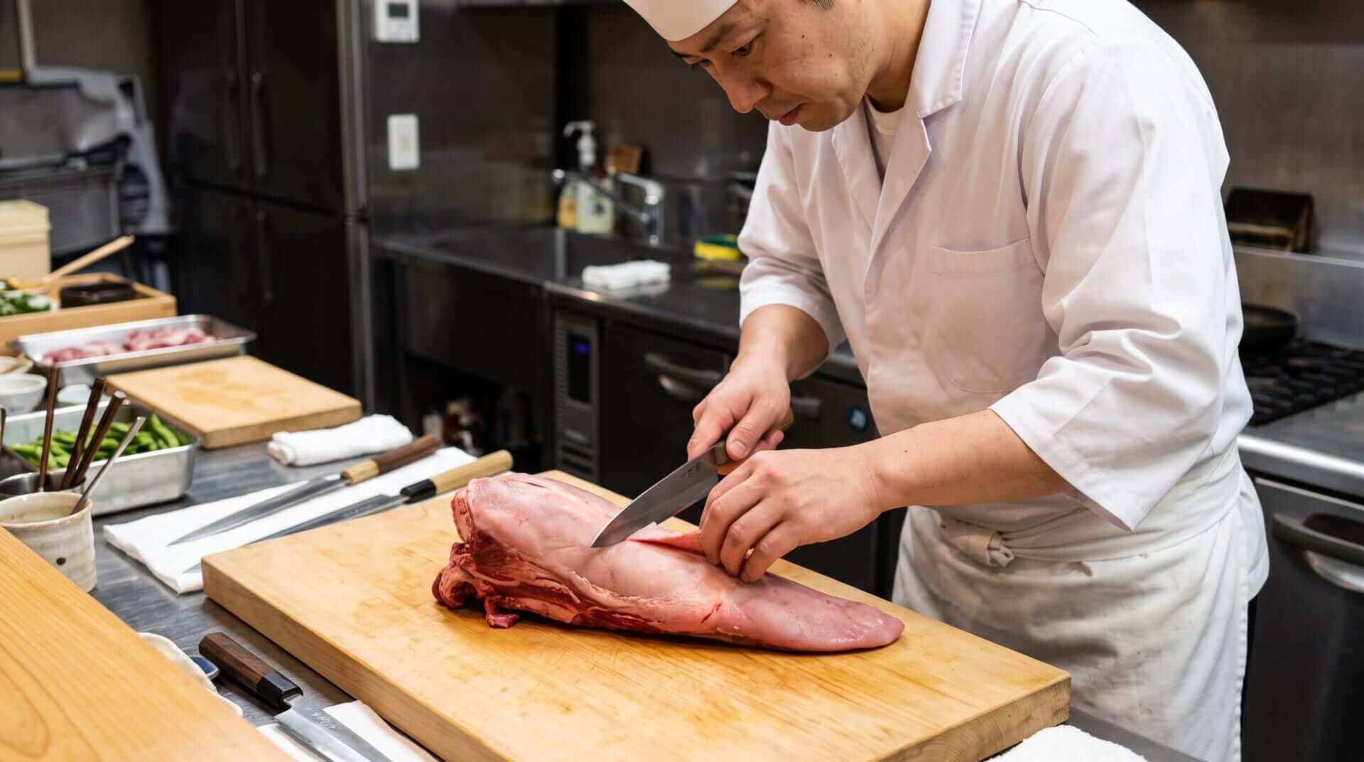 プロの料理人がまな板の上で牛タンブロックを丁寧に切り分ける下処理の様子