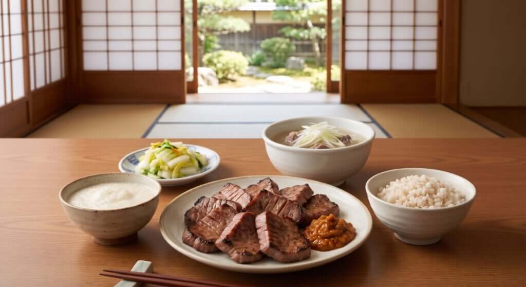 仙台牛タン定食の定番。厚切り牛タン焼き、テールスープ、麦飯、とろろ、南蛮味噌、浅漬けが並ぶ和風の食卓。日本人の男性が静かに見つめる、歴史と伝統を感じさせるフードフォト。
