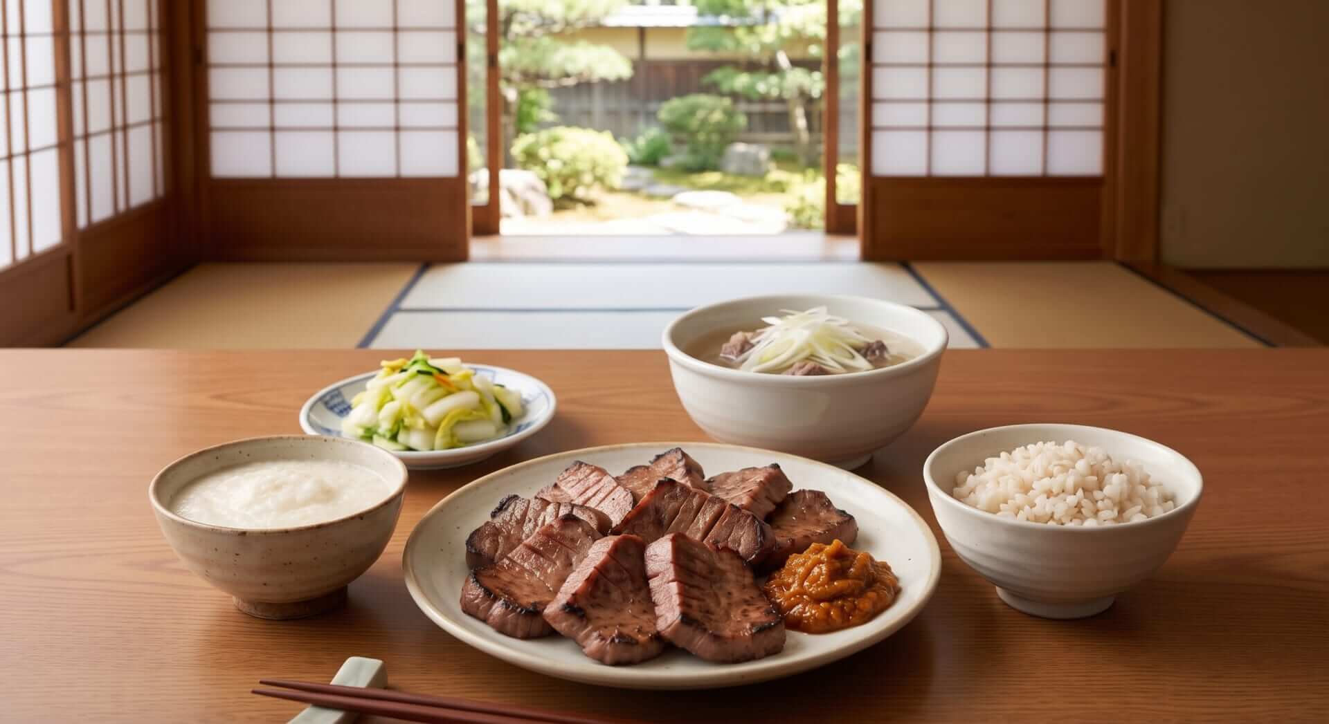 仙台牛タン定食の定番。厚切り牛タン焼き、テールスープ、麦飯、とろろ、南蛮味噌、浅漬けが並ぶ和風の食卓。日本人の男性が静かに見つめる、歴史と伝統を感じさせるフードフォト。