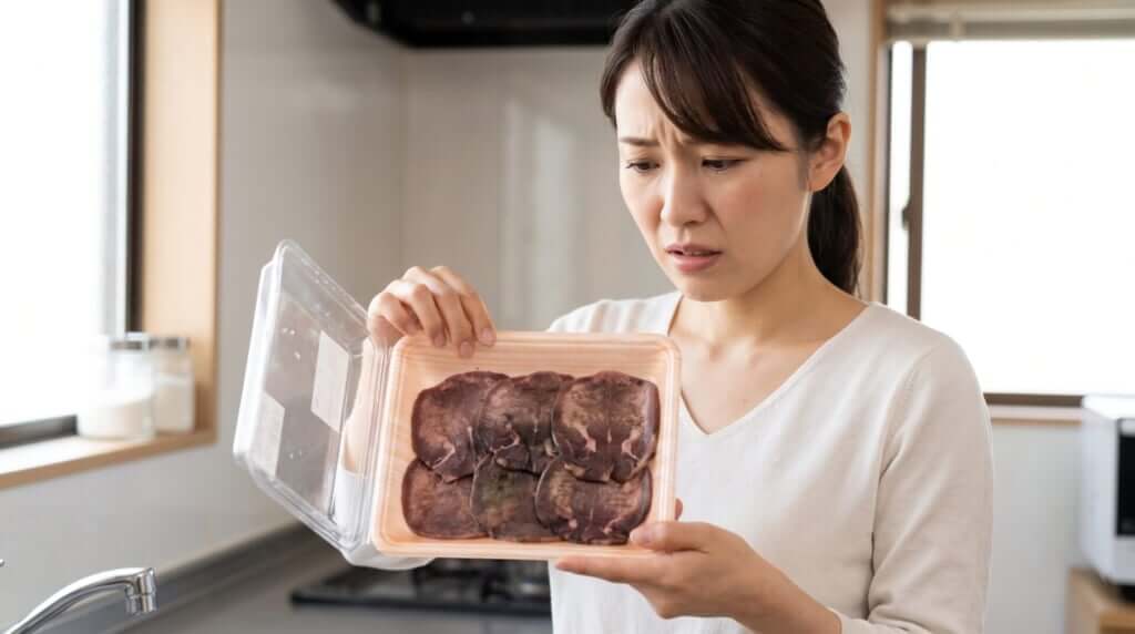 パックに入った牛タンが黒ずんでいるのを見て不安になる日本人の女性