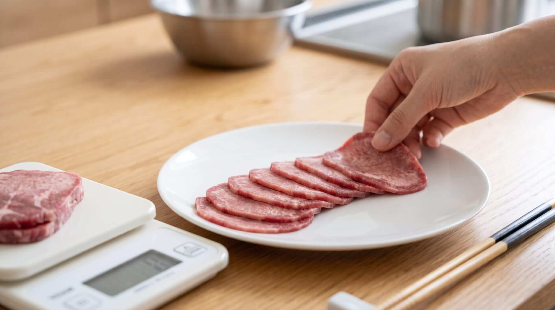 白い皿にきれいに並べられた100gの薄切り牛タン。